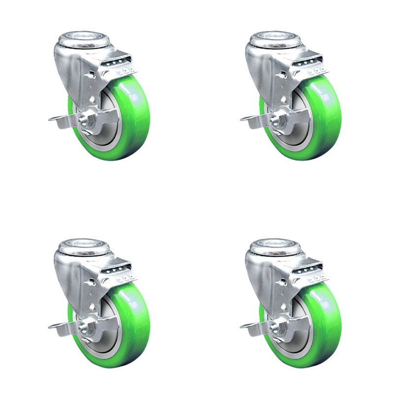 4 Inch SS Orange Polyurethane Wheel Swivel Bolt Hole Caster Set with Brake SCC, Green