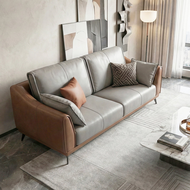 Élégant canapé 60 po en similicuir avec coussins gris et structure brune, canapé de salon moderne, canapé-lit (2 places), 2