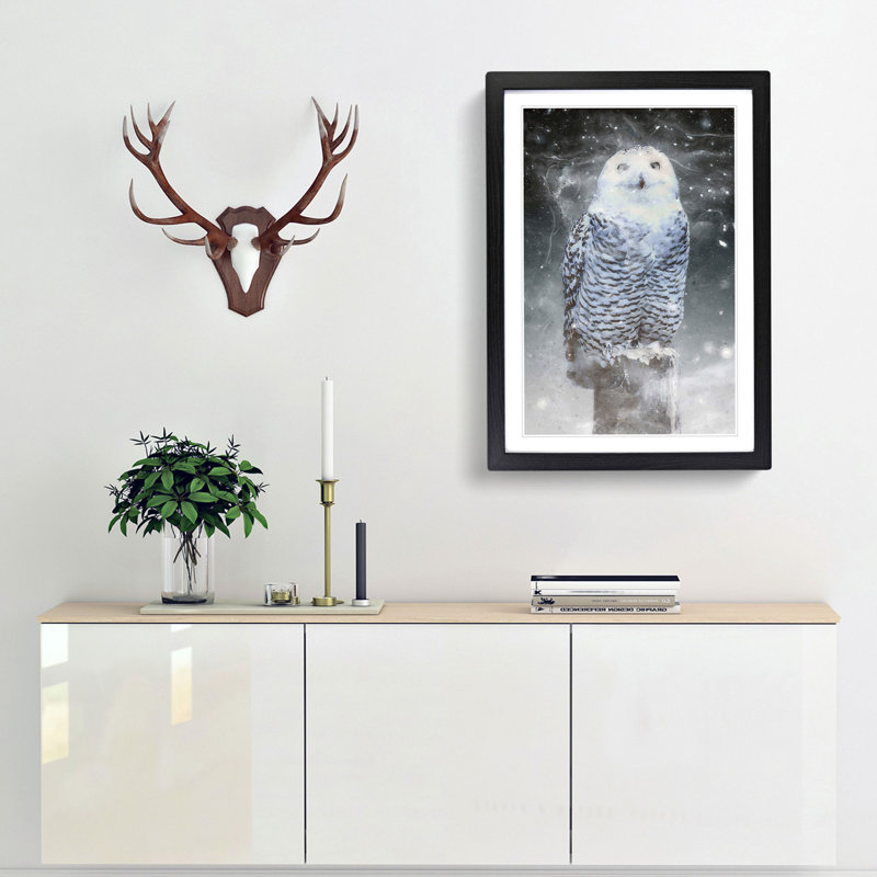Snowy Owl on a Perch - Picture Frame Graphic Art Print, Black Framed, 65cm H x 48cm W x 2cm D