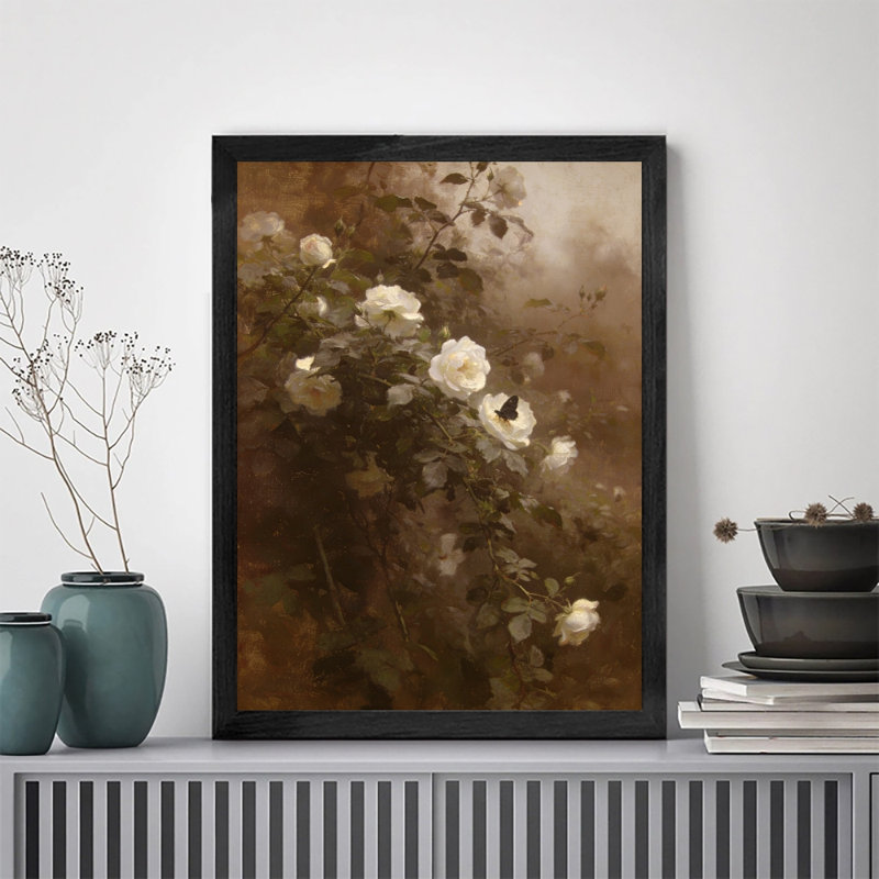 Reproduction d'art encadré noir et rose blanche dans la brume, H 11 po x l 9 po