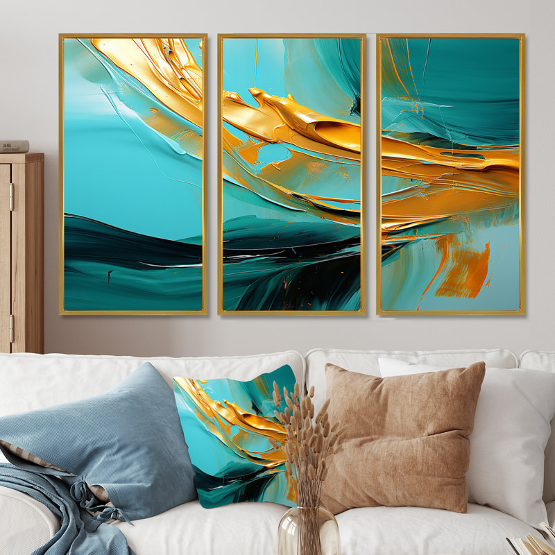 Ensemble de salon Quiet Waves Gold On Turquoise - Abstract Modern Waves, Cadre flottant doré, H 32 po x l 48 po x P 1 po