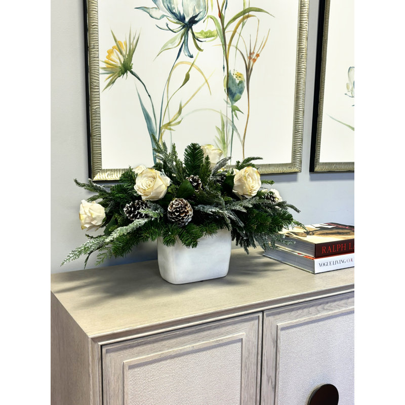 Rose, Evergreen And Cedar Holiday Arrangement