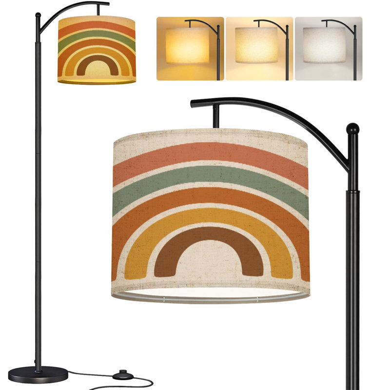  Arc Floor Lamp RetroRainbowColors Tall Modern Standing Lamp LED Adjustable Linen Lampshade 3 Color Temperatures
