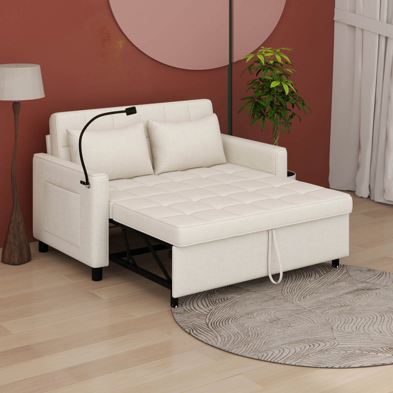 Canapé-lit avec causeuse et dossier réglable avec 2 coussins, sac de rangement, port USB et support pour téléphone, Beige