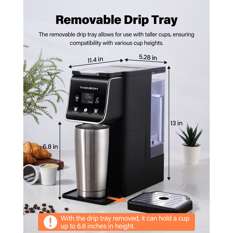 Cafetière à portion unique avec réglage audacieux, machine à café chaud et glacé pour tasses et moulins K, réservoir d'eau amovible de 52 oz, tailles d'infusion de 6 à 14 oz, filtre réutilisable
