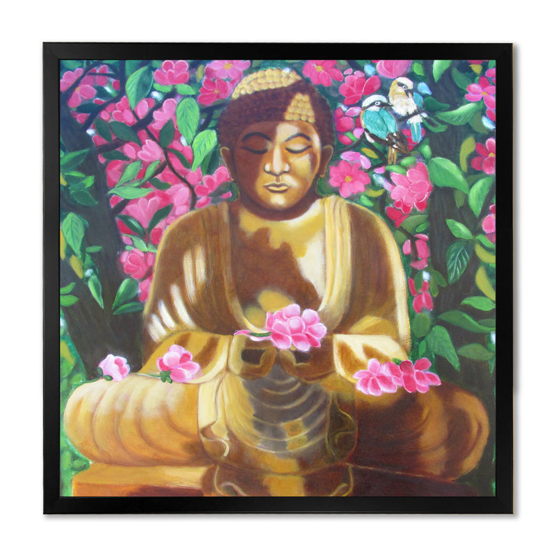 Bouddha avec fleurs mauves - œuvre d'art traditionnelle sur toile, Impression noire sur toile encadrée