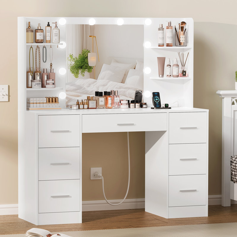 Camyla Makeup Vanity Table with LED Lighted Mirror, Power Outlet, Drawers,Shelves,5 Jewelry Hooks, White, 7