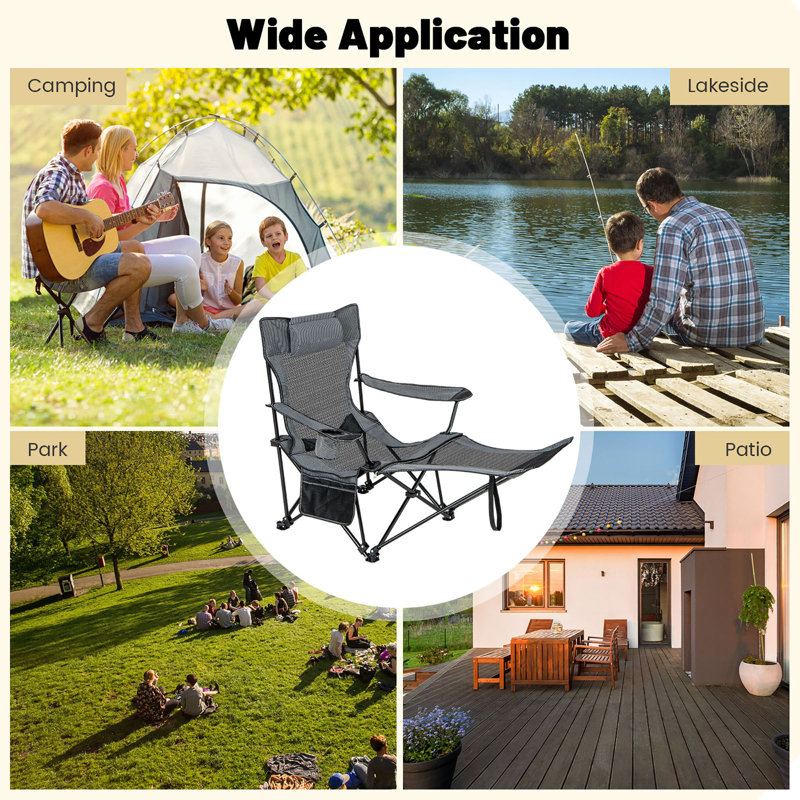 Chaise longue de camping inclinable réglable avec repose-pieds amovible, Gris