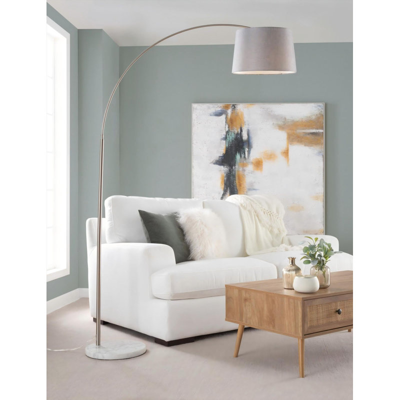 Lampe sur pied contemporaine en marbre blanc et nickel avec abat-jour en lin gris