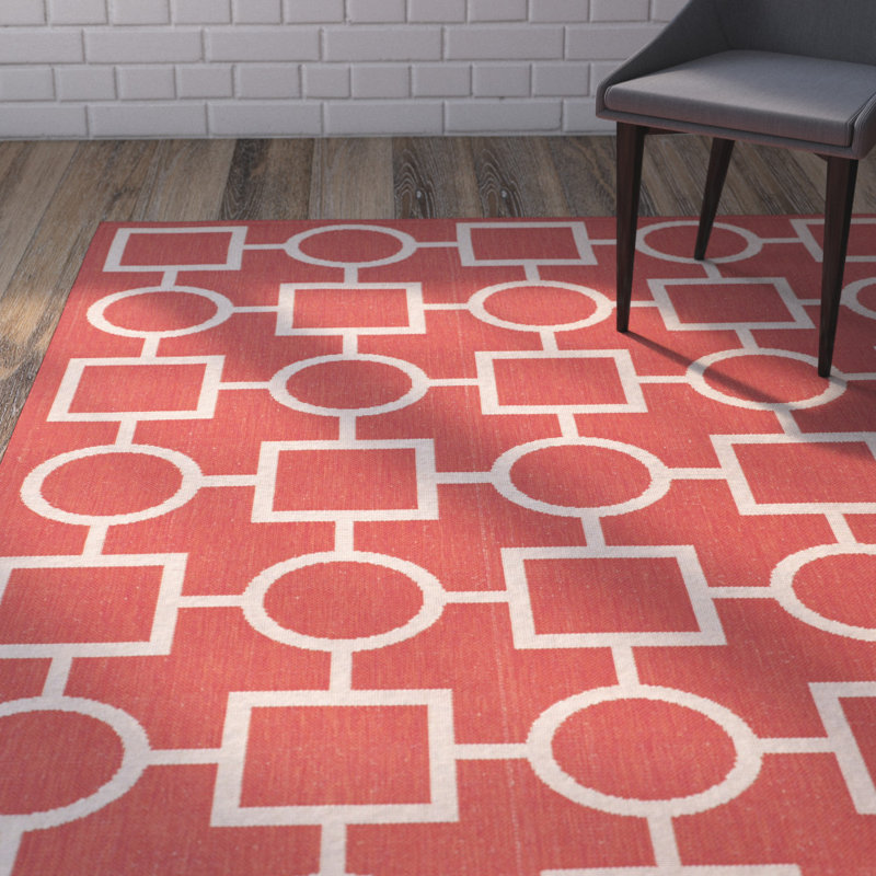 Arneshia Geometric Red/Bone Area Rug, Rectangle 4' x 5'7"