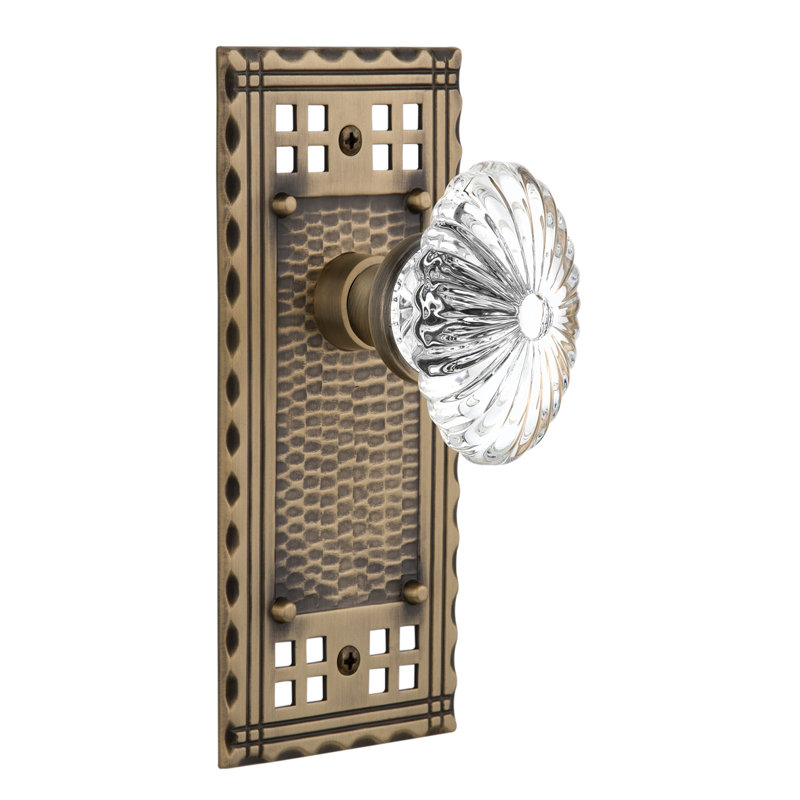 Craftsman Plate with Oval Fluted Crystal Door Knob, Antique Brass, 2.375"