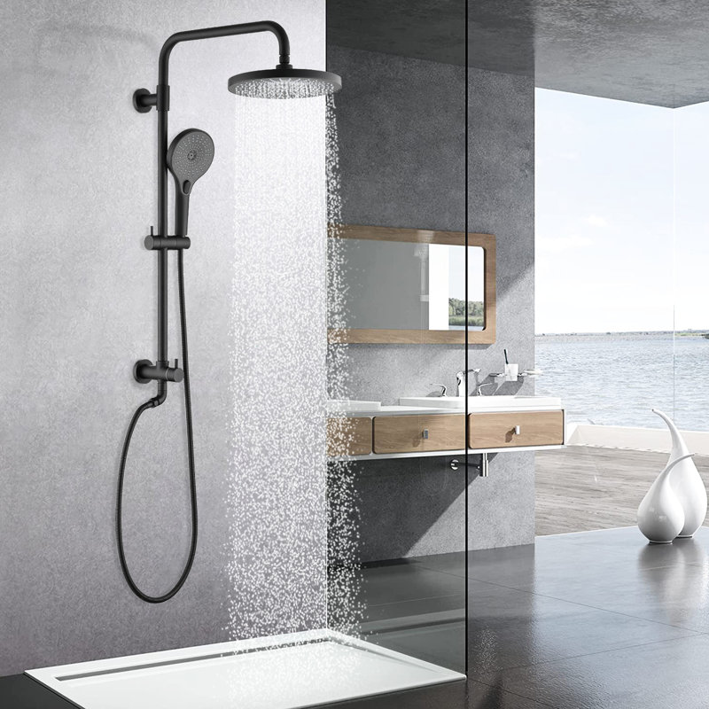 Douche double noire matte avec douchette à main de 8 po et 3 réglages, barre coulissante pour le réglage de la hauteur, la résistance à la corrosion et à la décoloration, barre réglable à fixation murale, finition anticorrosion,
