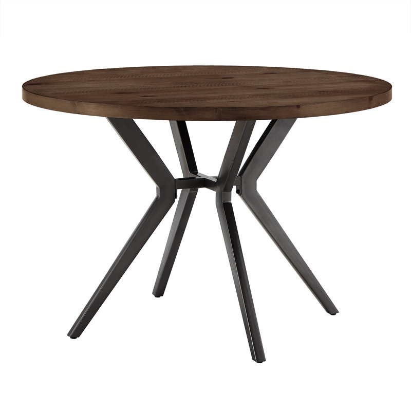Etna Pine Round Solid Wood Top Metal Base Dining Table, Driftwood Gray
