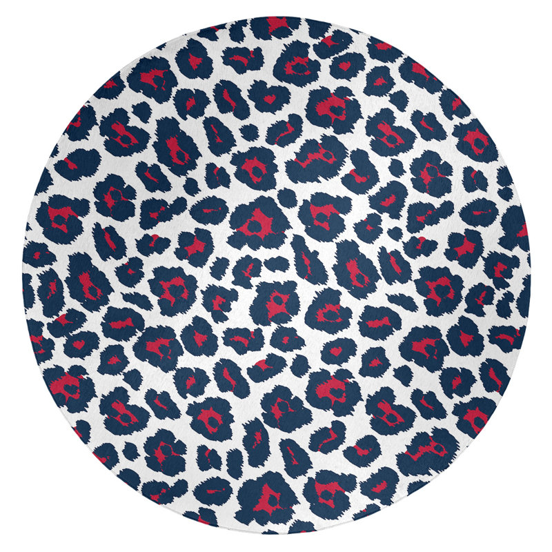 Imprimé animalier blanc/bleu marine/rouge Tapis décoratif, Rond 5 pi