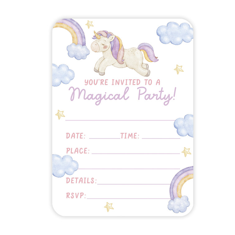 Unicorn Invitations with Envelopes for Girls Birthday, Blank Cards  Customize Party Details, 25 Pack, 5x7 Set