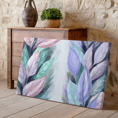 Toile, composition sereine de feuilles pastel superposées dans des teintes douces, art menthe rose, vert lavande et bleu pâle