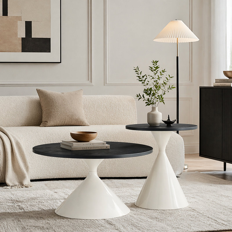 Ensemble de 2 tables basses rondes, plateau de table à motif noir avec base en acier, Noir et blanc