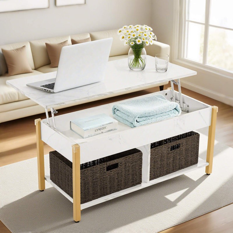 Table basse à plateau relevable de 41,3 po avec 2 paniers en rotin pliables, roues verrouillables