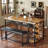 4 People Dining Table And Chair Set, Antique Color Dining Table, Black Upholstered Bench, Dining Table And Chair 3 Piece Set With Wine Rack And Wine Glass Holder For Dining Room