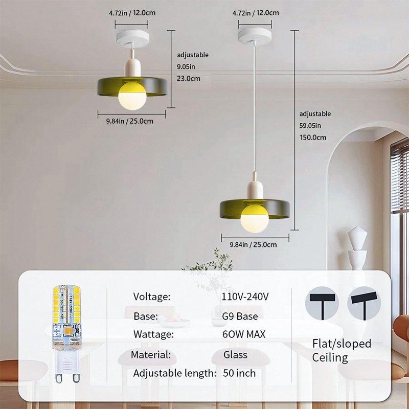 Luminaire suspendu 0 lumière, Vert, Blanc, H 7,8 po x l 9,84 po x P 9,84 po