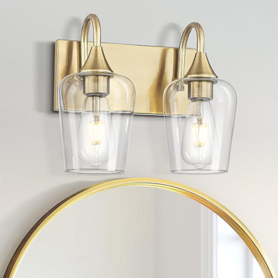 2-Light Bathroom Vanity Light Fixture, Brushed Gold Finish With Clear Wine Glass Shades, Vintage Wall Sconce For Mirror Lighting In Bathroom Or Kitchen