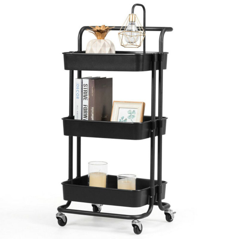 Black 3-Tier Metal Rolling Utility Cart with Casters