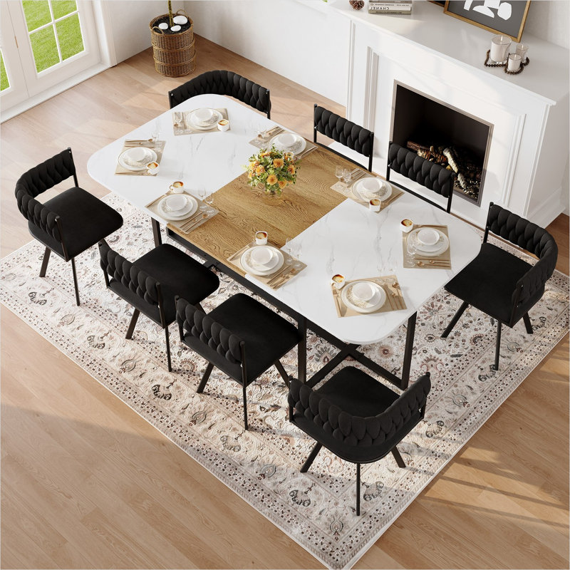 Ensemble de salle à manger pour 8 personnes avec plateau de table en grain de bois imitation marbre blanc et 8 élégantes chaises en velours noir, ensemble de table de cuisine moderne pour les réunions de famille