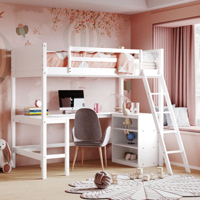 Twin size Loft Bed with Shelves and Desk, Wooden Loft Bed with Desk