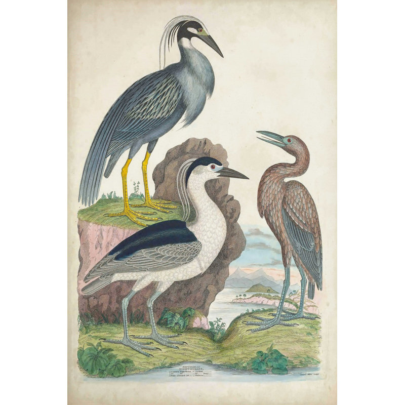 Héron antique et oiseaux d'eau I, H 30 po x l 20 po