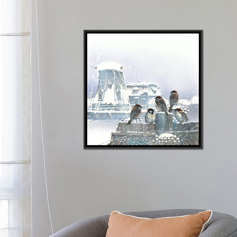 «Birdies and Windmill», impression sur toile, H 18 po x l 18 po x P 1,5 po, Toile encadrée noire, Pas de tapis