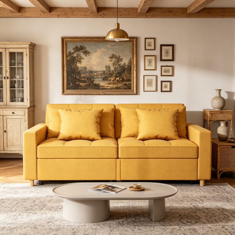 Borchert 2 Seater Fabric Sofa Bed, Yellow Linen