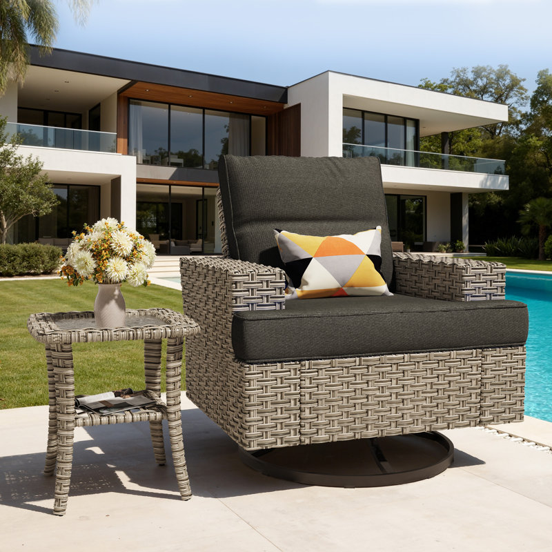 Carolle Outdoor Swivel Rocking Chair Set With Side Table, Wicker Patio Lounge Chair With Cushions & Wide Armrests, Black