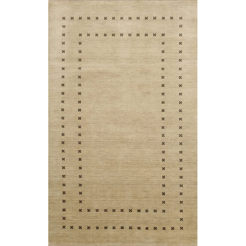 Ivory Hand-Knotted Wool Framed Field Geometric Modern Contemporary Carpet Rug, Rectangle 9' x 12'