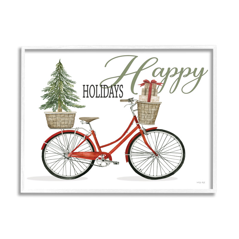 Joyeuses fêtes, bicyclette festive rouge présente un panier noir, estampe numérique texturée de Cindy Jacobs