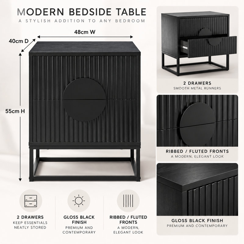 Black Fluted Bedside Drawer Cabinet 48cm Wide Chest of 2 Drawers