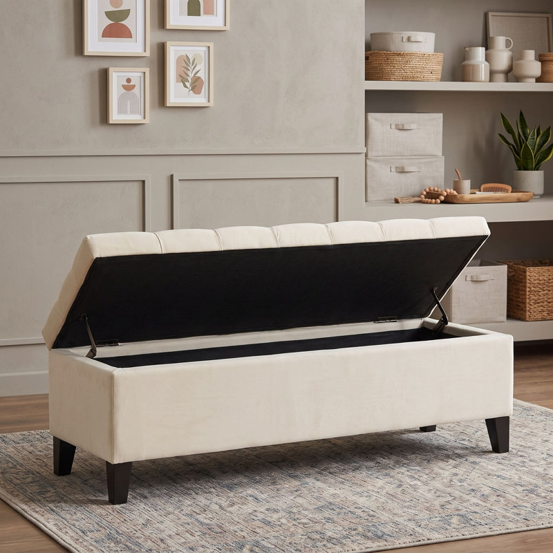 Banc de rangement capitonné avec couvercle à charnières à fermeture en douceur, idéal pour une chambre, une entrée ou un salon.