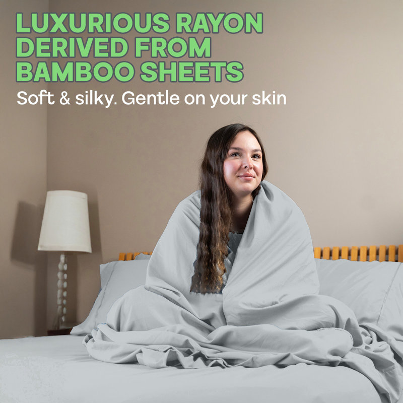 Premium Rayon From Bamboo Blend Sheet Set With Deep Pockets, Cooling and Breathable, Light Gray