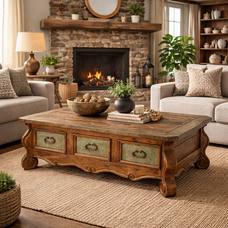 Table basse Valencia en cuivre vert-de-gris et bois vieilli avec tiroirs