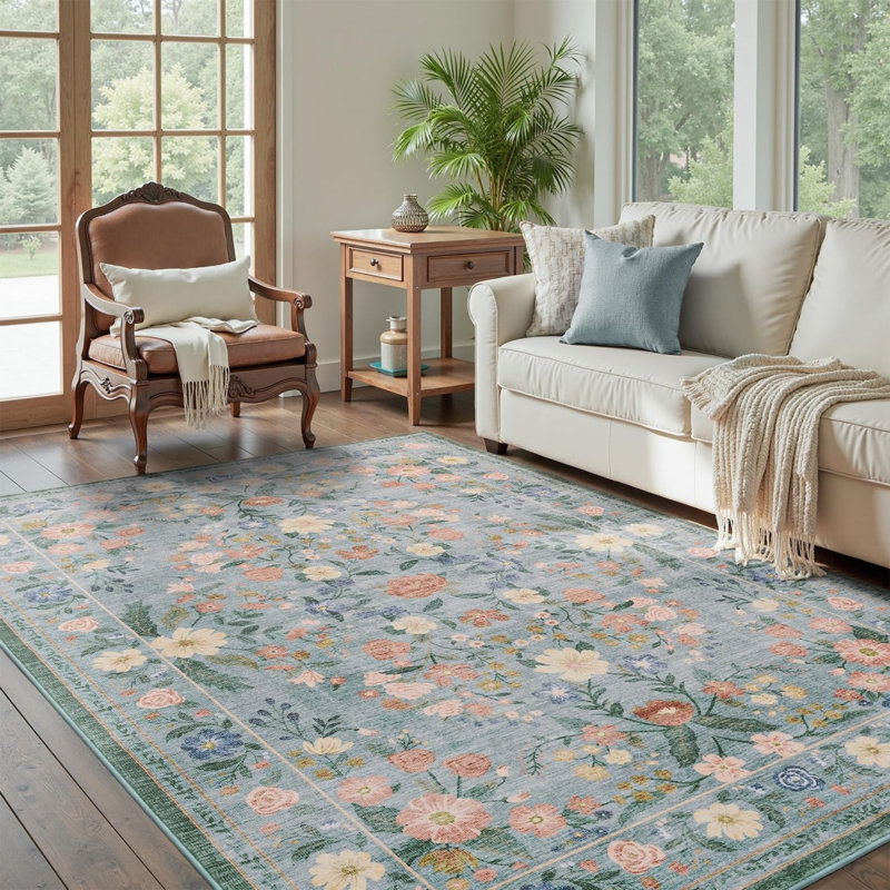 Vintage Floral Medallion Rug 5 × 7 Ft for Living Room, Blue Green