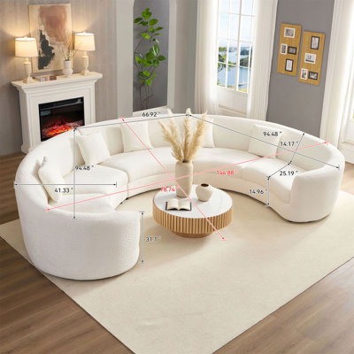 Roman Circle Boucle Upholstered Sectional Sofa with 5 Pillows