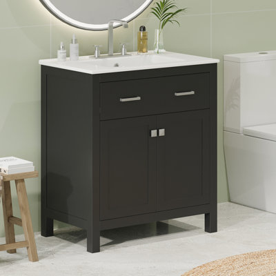 30" Bathroom Cabinet, Modern Black With Ceramic Sink, 2 Doors And Shelf For Stylish Functionality Vanity Cabinet Design, Decoration