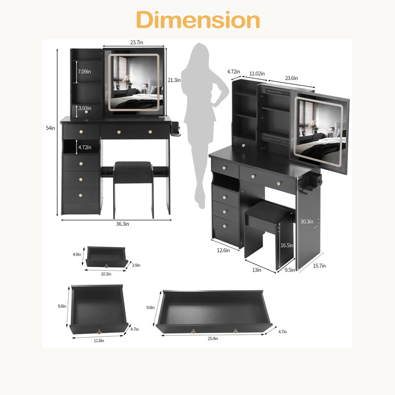 37" Left Drawer Desktop Vanity Table + Cushioned Stool, 2 AC+2 USB Socket, Hair Dryer Stand, Large Touch Control LED Sliding Mirror