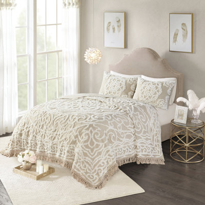 Couvre-lit en coton chenille à médaillon pour grands lits, très grand / très clair