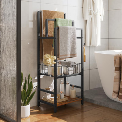 Porte-serviettes autoportant avec 3 barres, panier de rangement et tablette, organisateur de couverture à crochet pour salle de bain