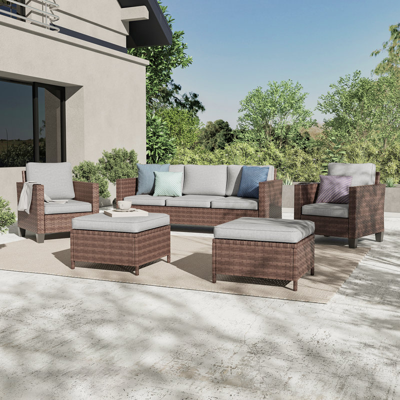 Kinsela 5 - Person Outdoor Conversation Set with Cushions, Brown/Linen Gray