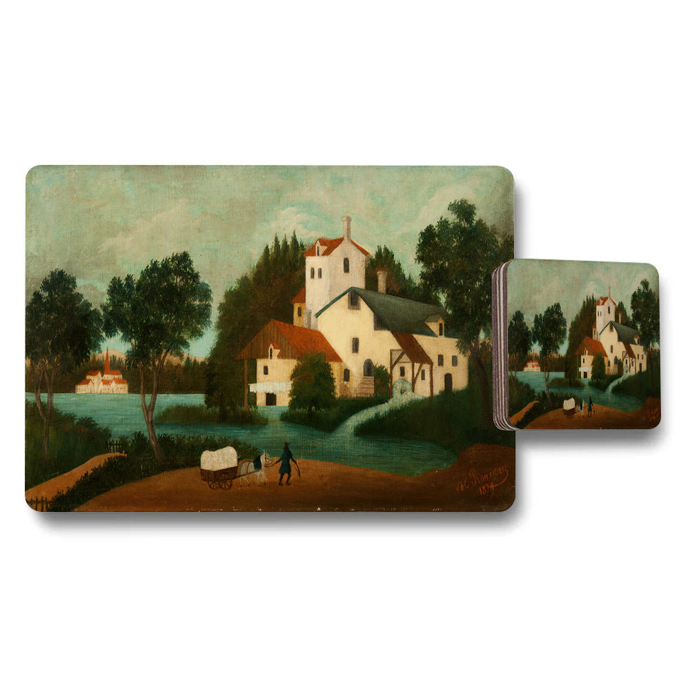 Scenic Village Landscape Placemat And Coaster Set Featuring River Scene