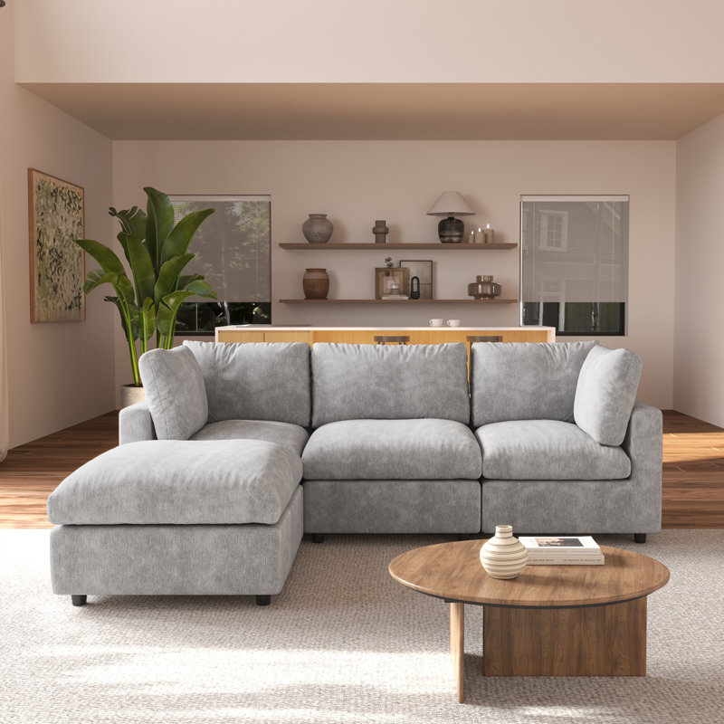 Kessi 4-Piece Slipcovered Sectional, Light Grey Chenille