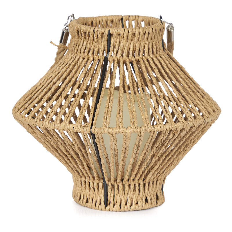 Lanterne suspendue tissée avec bougie DEL et minuterie, décoration de maison Boho, H 9 po, beige