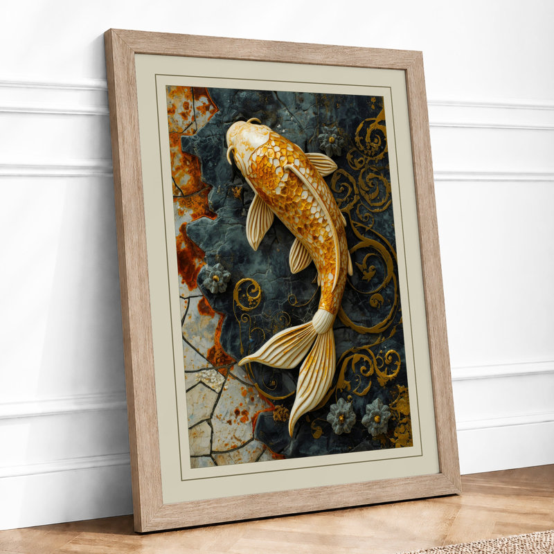 Golden Koi in Patterns Japandi - Framed Print, A1 - 84.1 x 59.4 cm, Oak