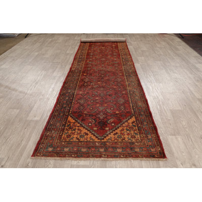 Tapis de couloir unique en laine noué à la main rouge / vert / brun 3 pi 7 po x 13 pi 11 po Brittanye